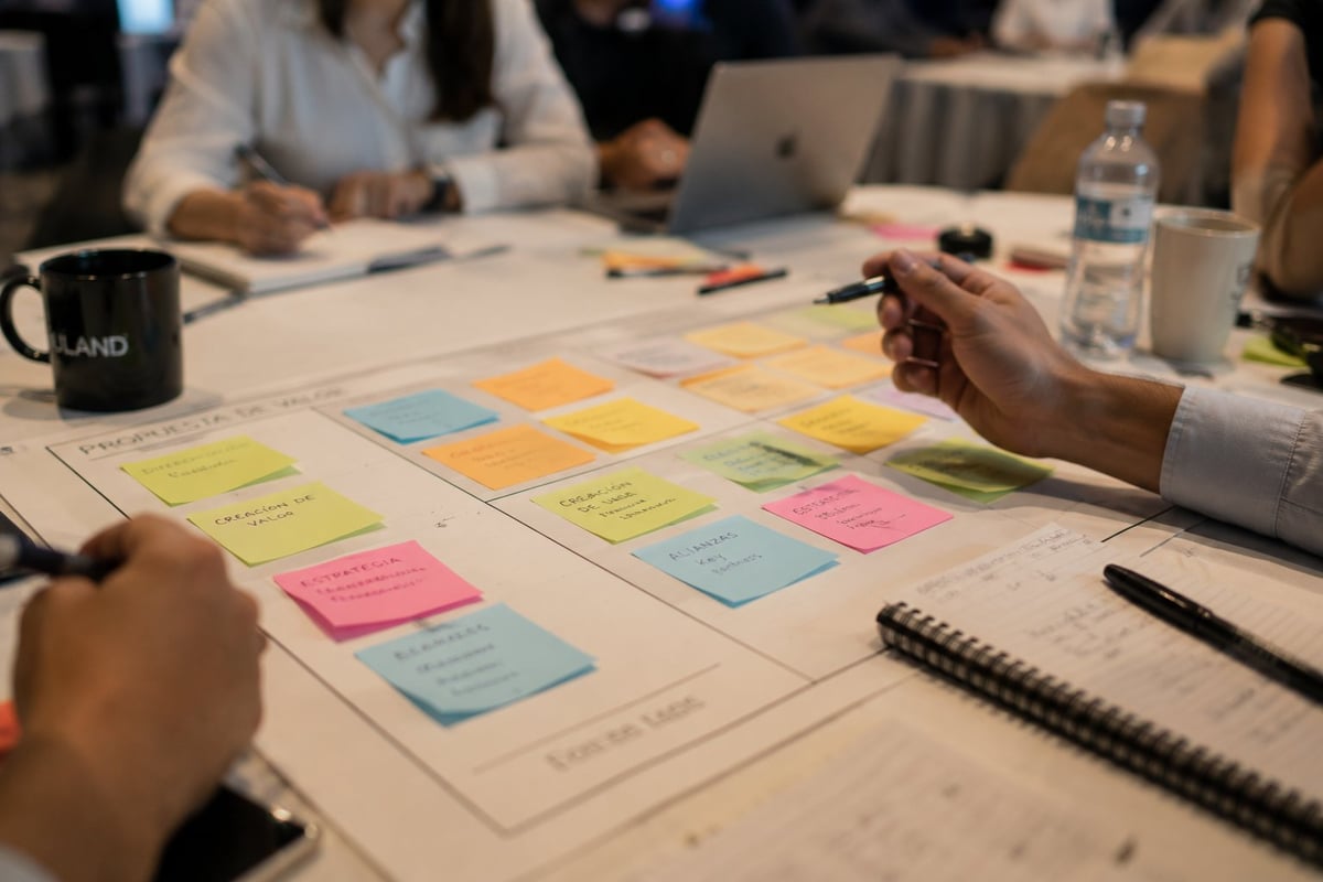 Team members use colorful sticky notes on a whiteboard during a design or planning workshop at a table with laptops and notebooks.
