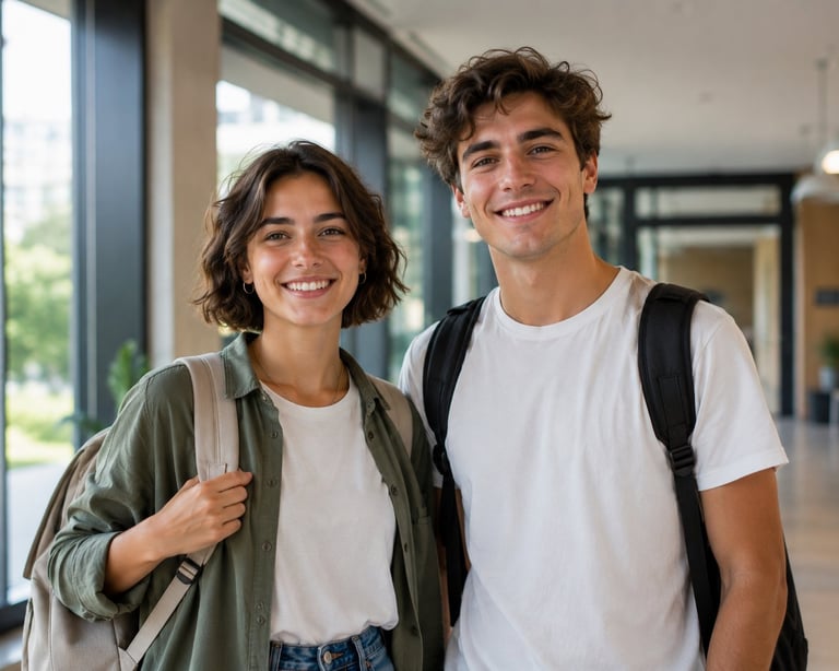 Two smiling young students standing together in a school hallway, wearing backpacks and casual clothing