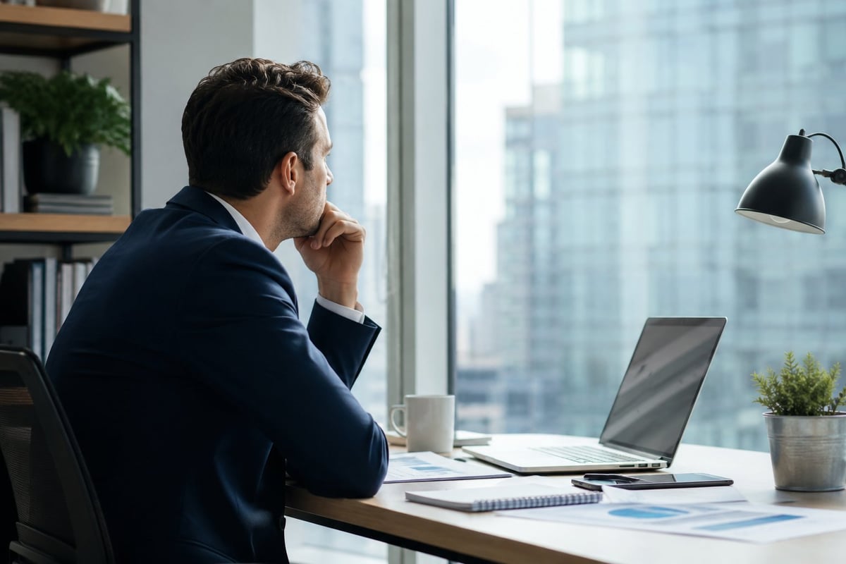 Businessman in dark suit thinking at desk with laptop, overlooking city skyline from office window