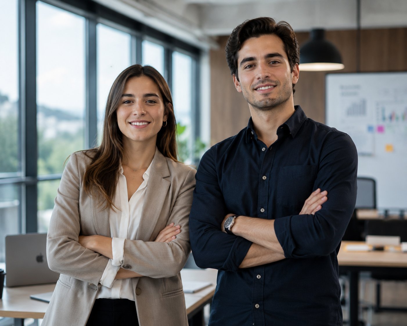 Two professional colleagues standing together in a modern office with their arms crossed, smiling at the camera