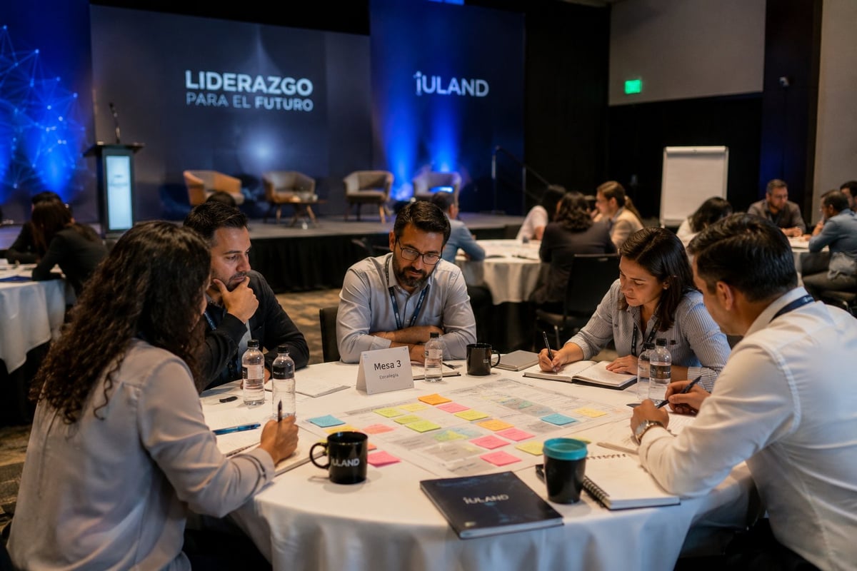 Conference attendees collaborate around tables with colorful sticky notes during a professional workshop event with illuminated backdrop signage.
