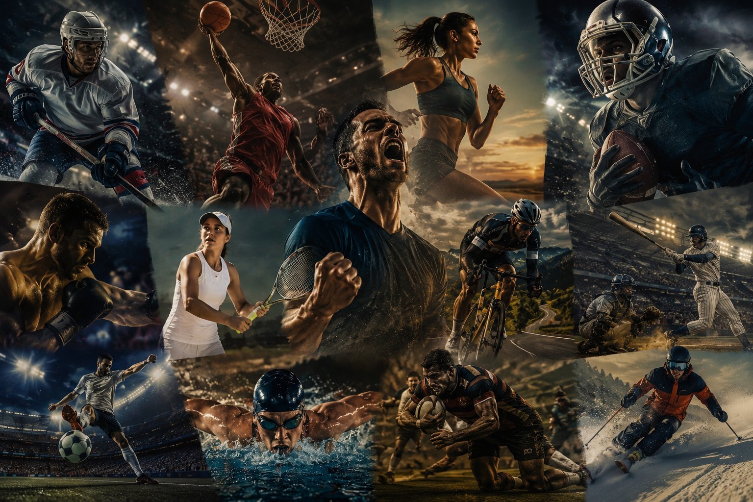 Collage of athletes in various sports including basketball, football, hockey, soccer, and swimming with dramatic lighting effects.