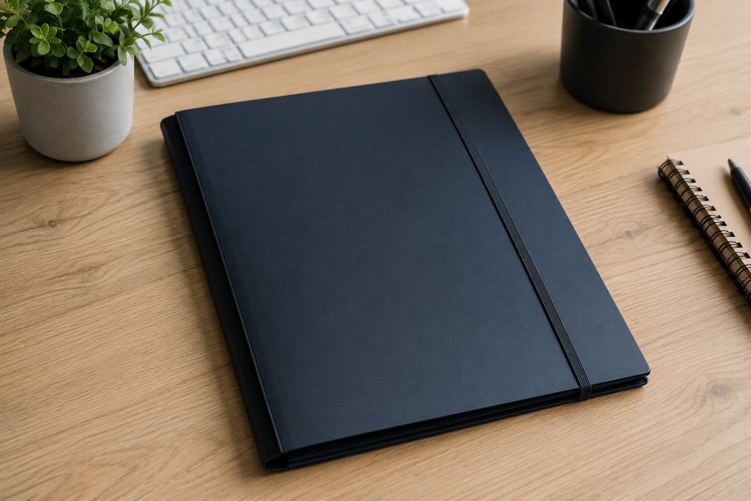 Dark blue notebook with elastic band closure on wooden desk surrounded by keyboard, white plant pot, black cup, and spiral notebook