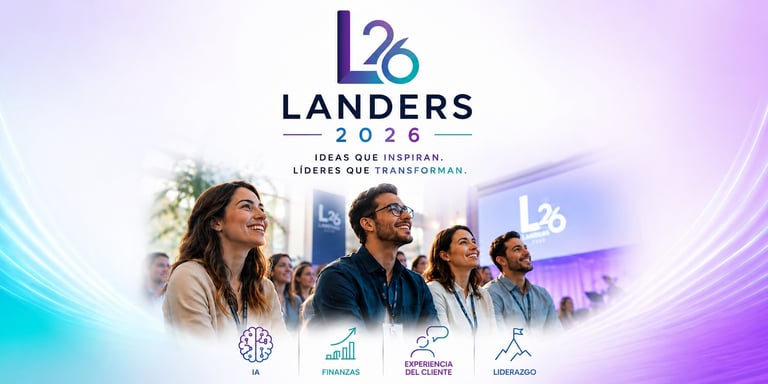 Landers 2026 promotional image featuring diverse group of people with company logos and motto Ideas Our Institution on purple gradient background