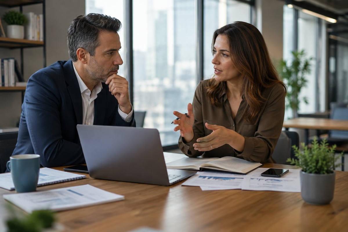 Two professionals in business attire discussing at a wooden desk with laptop, documents, and coffee in a modern office with city views