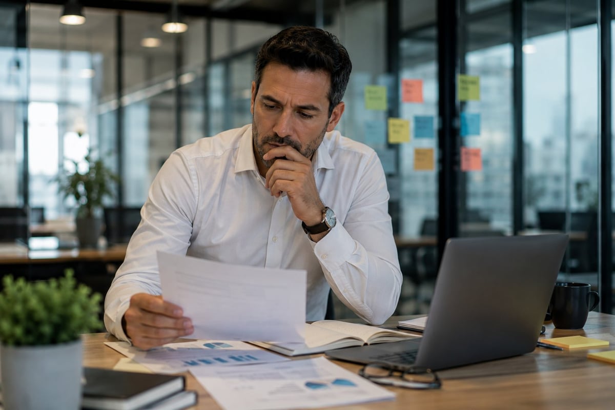 Man in white shirt reviewing documents at desk with laptop in modern office, hand on chin in thoughtful pose