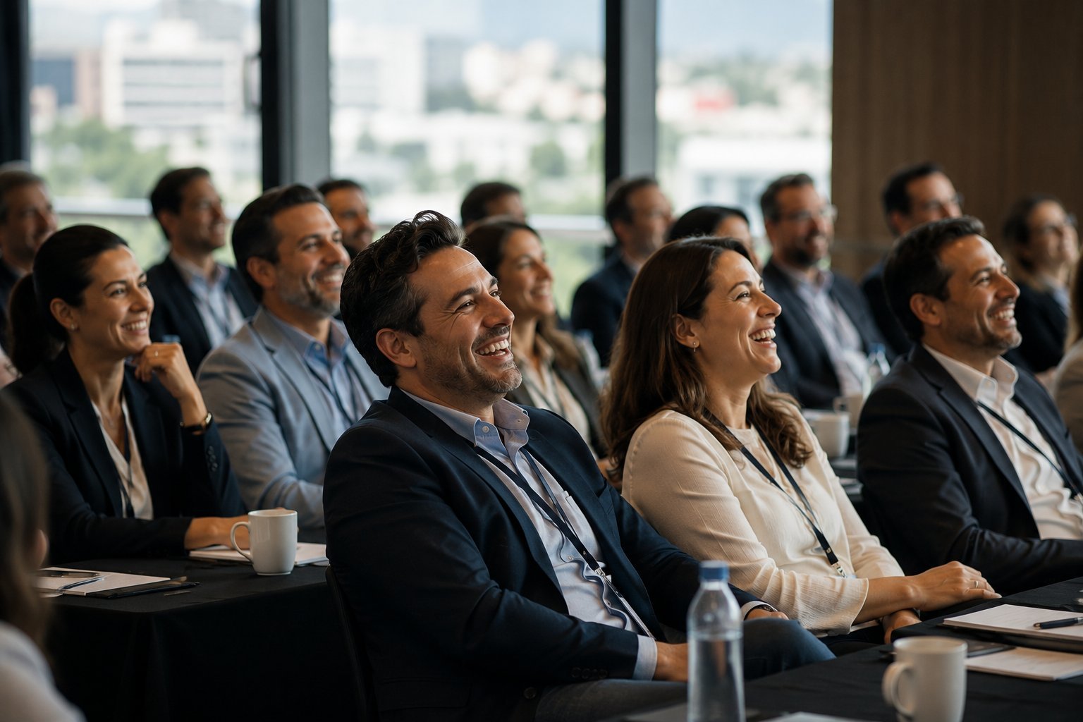 Group of business professionals attending a conference or seminar in a modern office with city skyline visible through windows