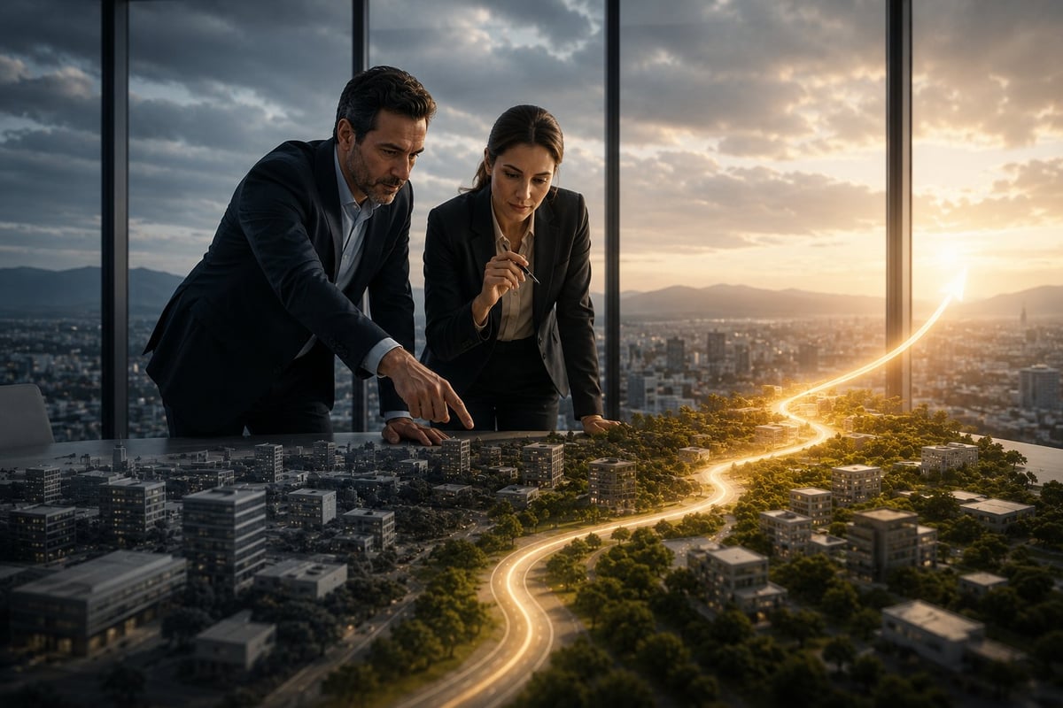 Two business professionals in an office high-rise examining a miniature model city with glowing streets below a sunset sky