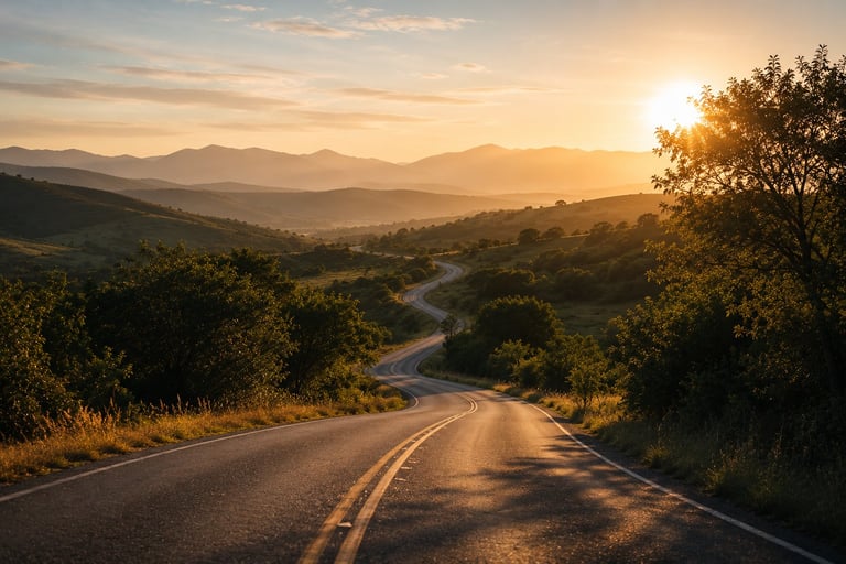 Winding asphalt road with yellow lines stretching through forested hills at golden sunset, mountains visible in distant haze