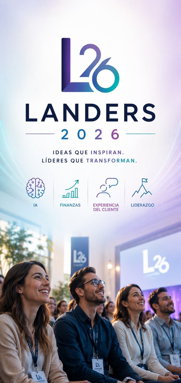 Landers 2026 event poster showing logo with tagline about ideas and leaders, four pillar icons, and attendees watching presentation