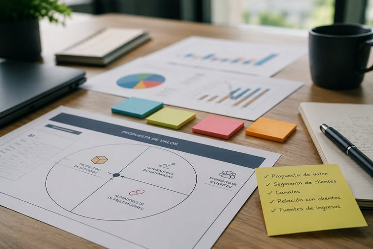 Workspace with business planning documents including charts, pie graphs, flowcharts, and sticky notes on a wooden desk