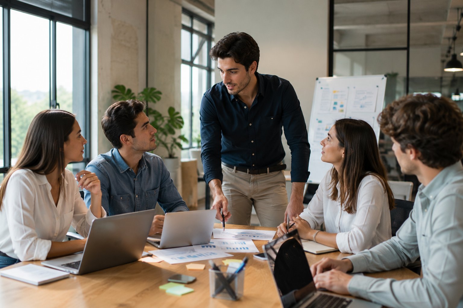 Team of five professionals gathered around a wooden table in a modern office, discussing project plans with laptops and documents