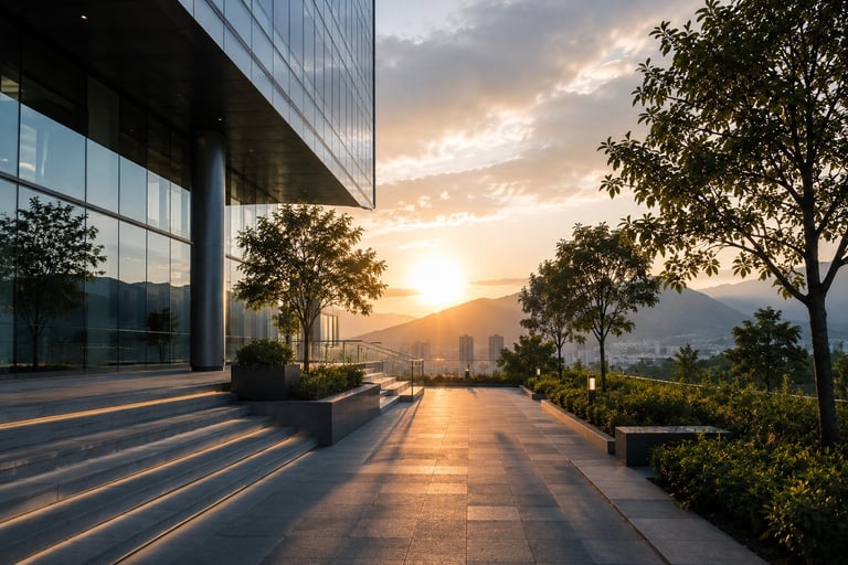 Modern building terrace at sunset with trees and mountain view in the background