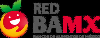 Red BAMX logo with smiling cartoon apple character and green leaves, representing Bancos de Alimentos de Mexico