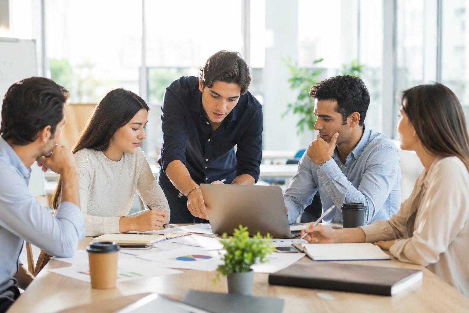 Five professionals collaborating around a table with a laptop during a business meeting in a modern office