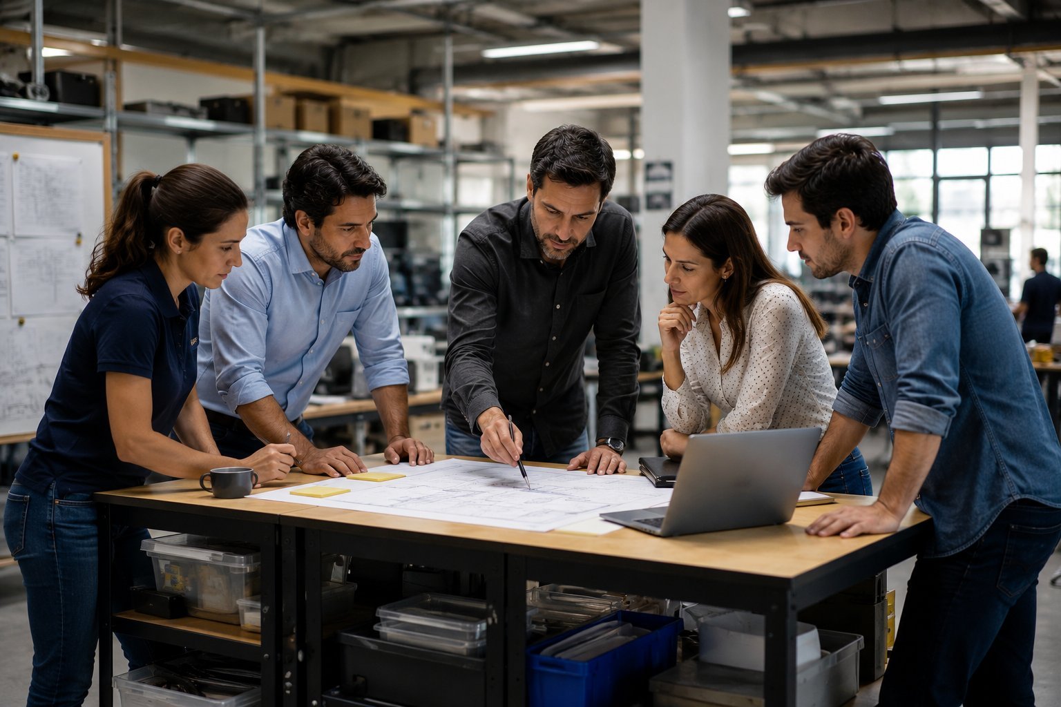 Five professionals reviewing blueprints together at a table in a modern industrial workspace with a laptop present.