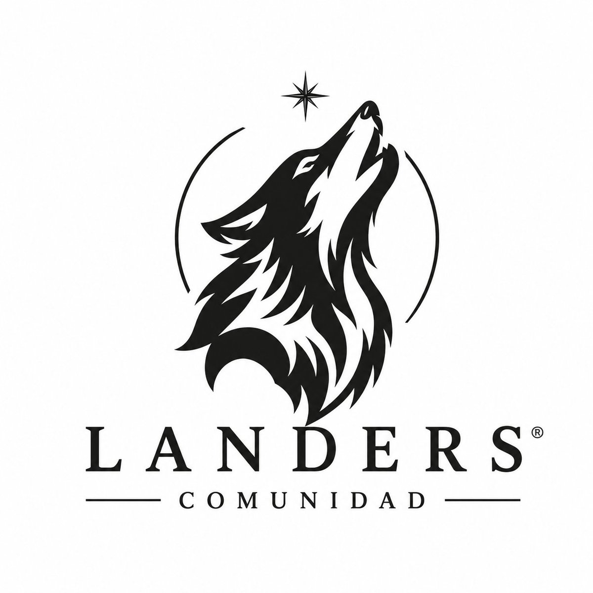 Landers Comunidad logo featuring a black silhouette of a howling wolf with crescent moon and star