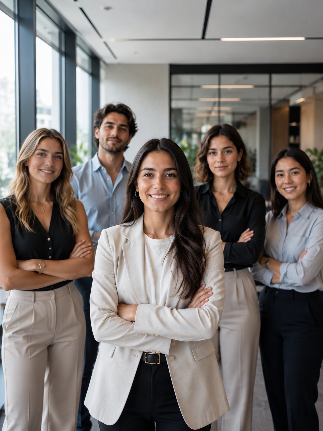 Professional business team of five diverse employees posing together in a modern office with floor-to-ceiling windows