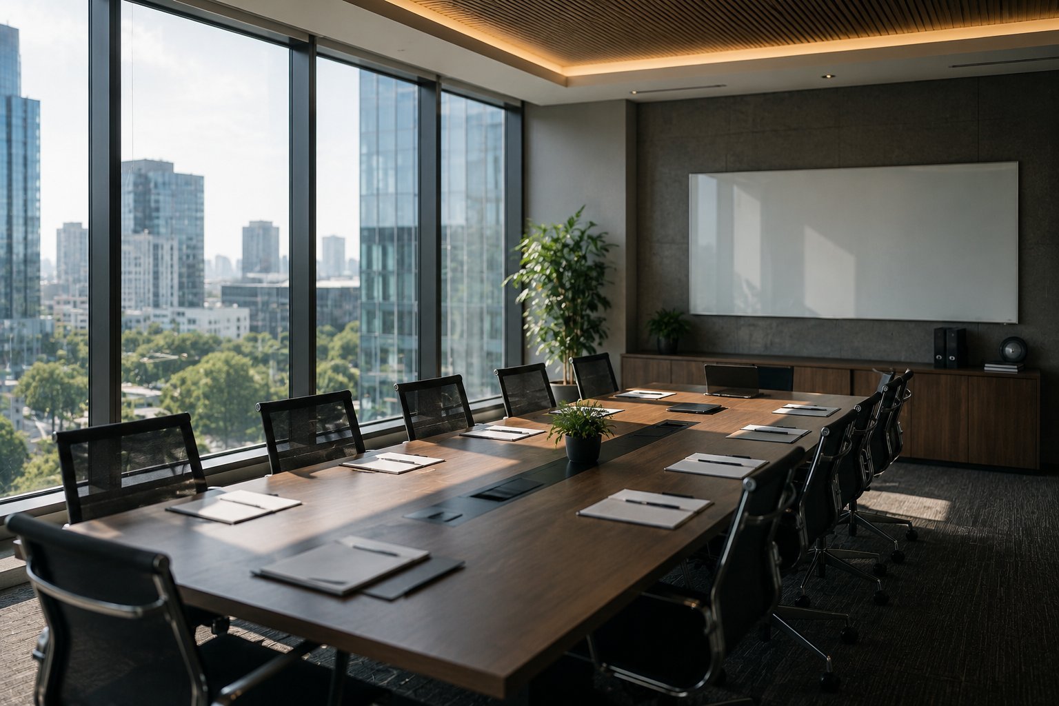 Modern conference room with long wooden table, black chairs, large windows overlooking city skyline, and projection screen on wall.