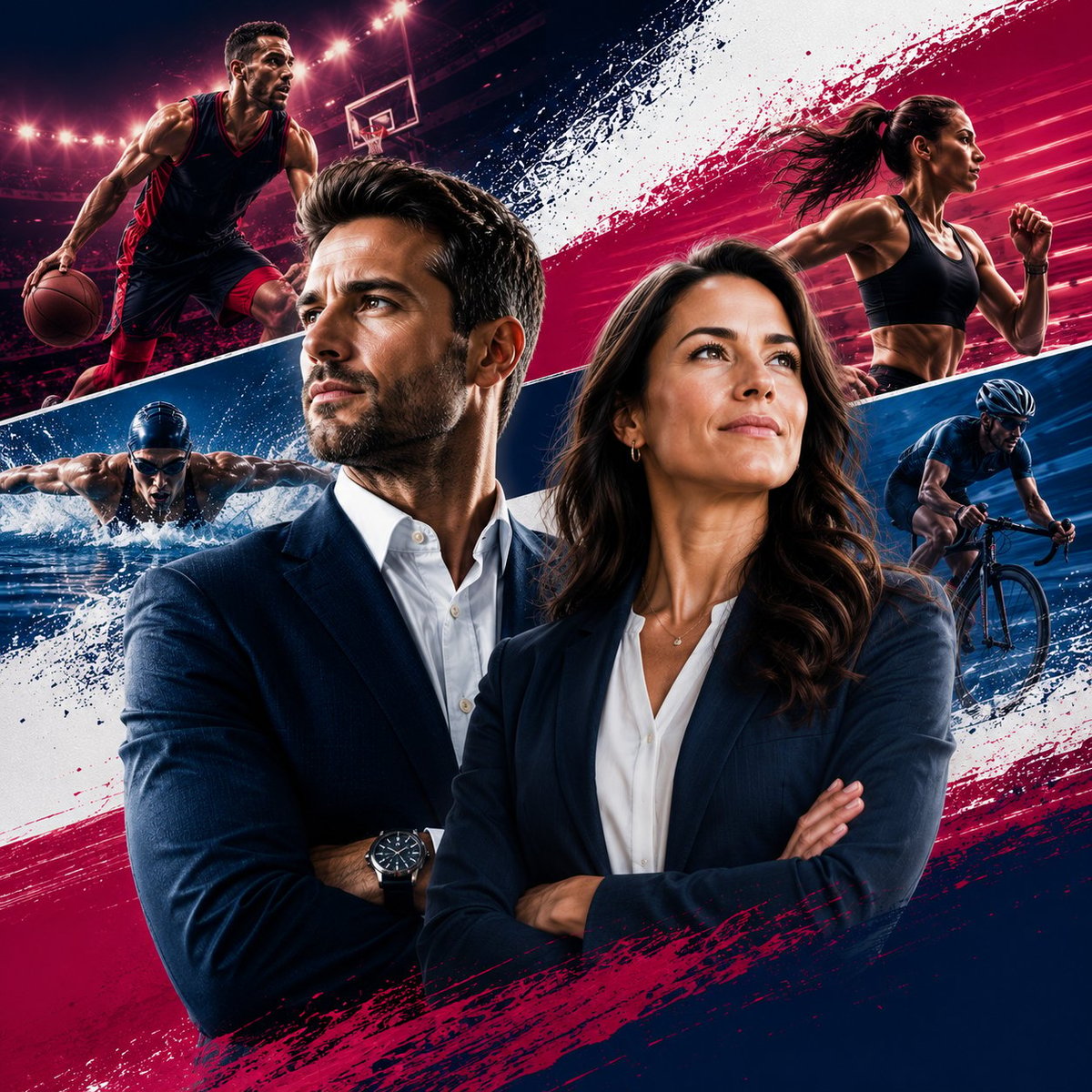 Two professionals in business attire stand confidently with dynamic sports action and paint stroke graphics in red, white, and blue colors behind them