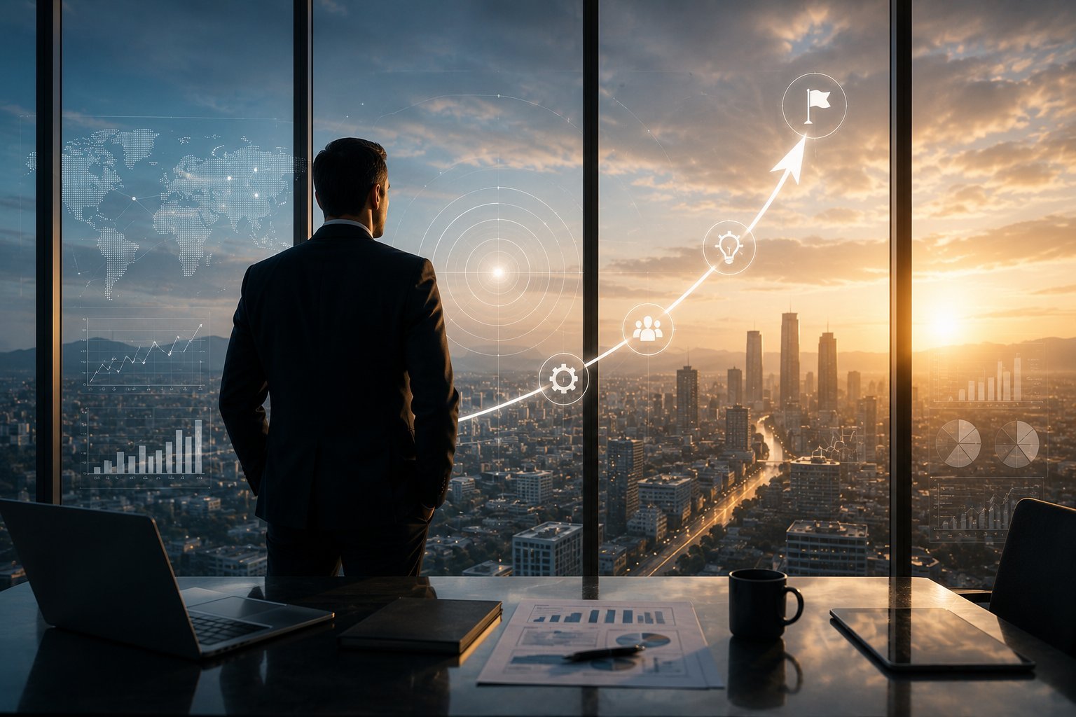 Businessman standing at window overlooking city skyline with financial growth chart overlay at sunset