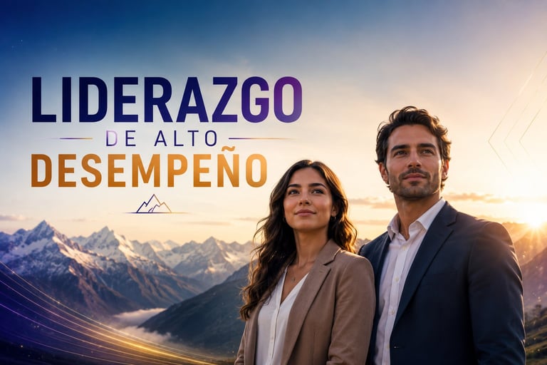 Two professionals stand before snow-capped mountains at sunset with text reading Liderazgo de Alto Desempeño
