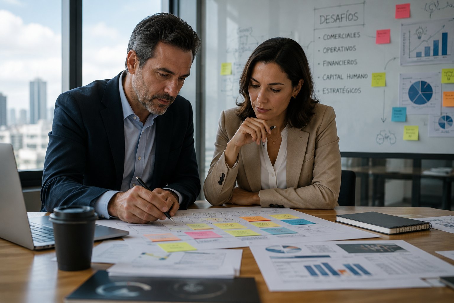 Two business professionals review project plans and sticky notes at a desk with charts and graphs in a modern office.