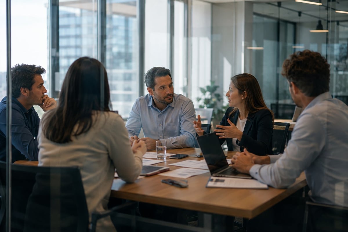Five professionals having a discussion around a wooden table in a modern office with floor-to-ceiling windows overlooking a city skyline