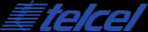 Telcel logo with blue horizontal lines and text in italic style