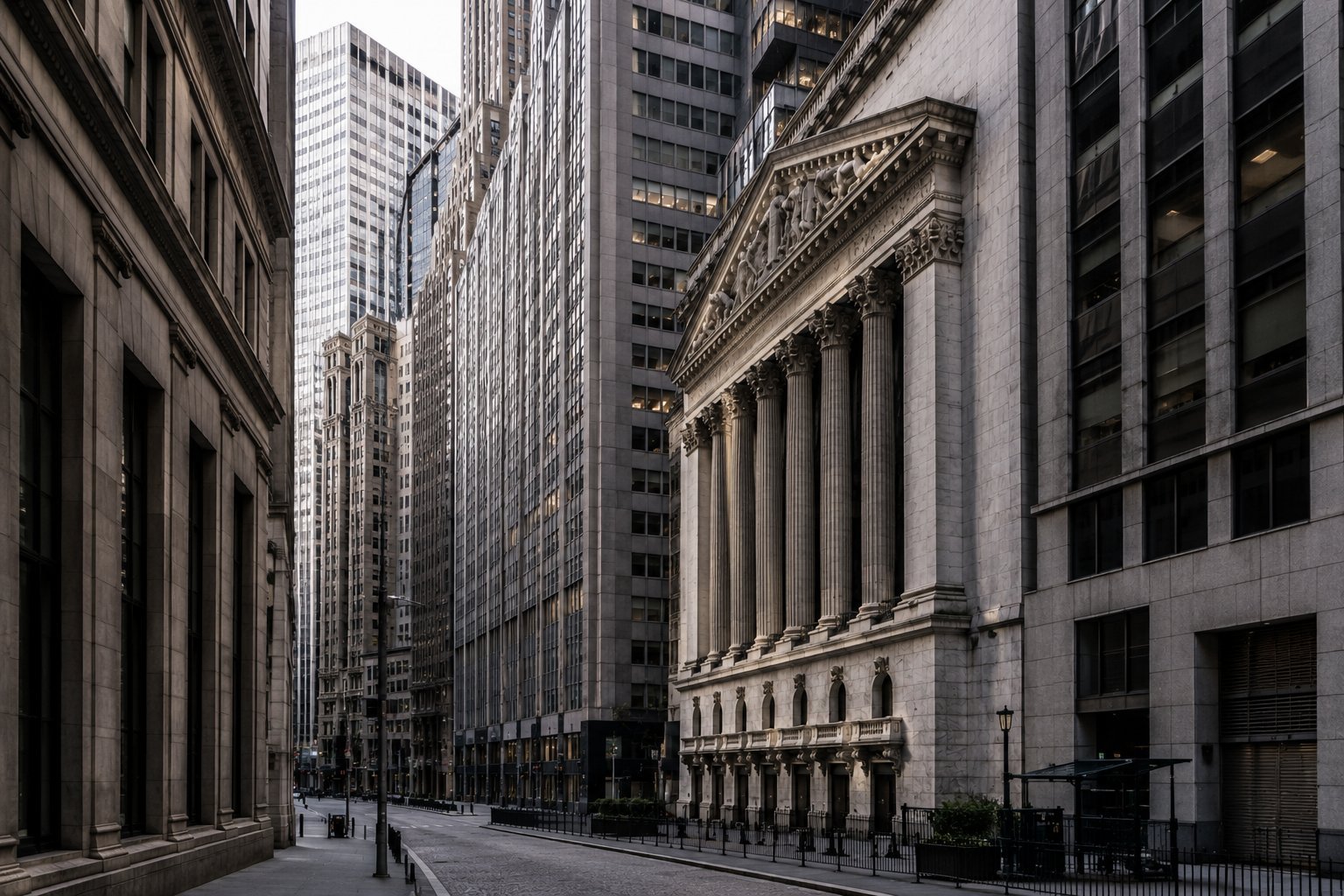 Historic neoclassical building with tall columns on a narrow street surrounded by modern skyscrapers in a downtown financial district