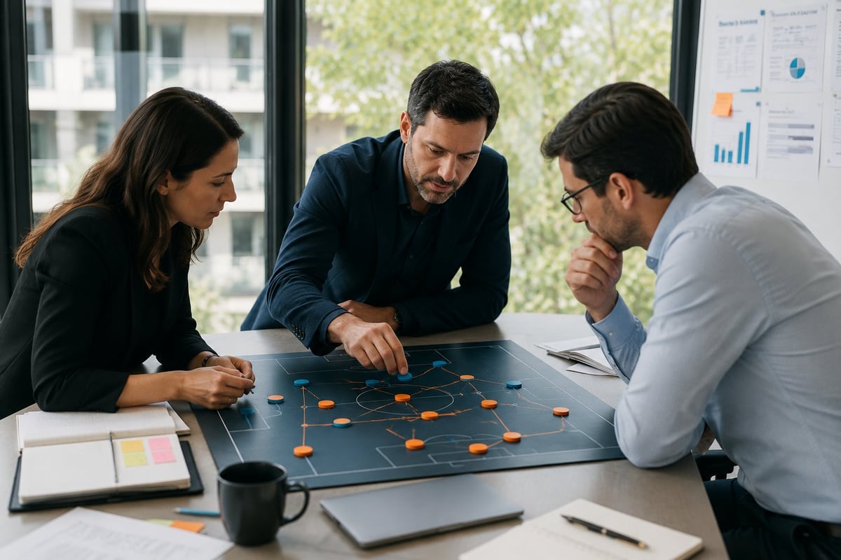 Three business professionals collaborating on a project strategy using an orange dot diagram on a dark board in a modern office setting