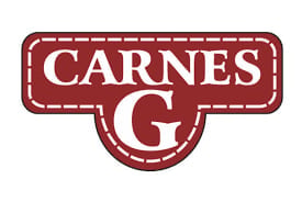 Carnes G logo with red and white design featuring rounded rectangle banner and semi-circle base